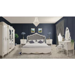 Dormitor Izabela complet, pat cu tăblie tapițată și dulap spațios, lemn masiv și MDF, dimensiune pat 180x200 cm, alb patinat