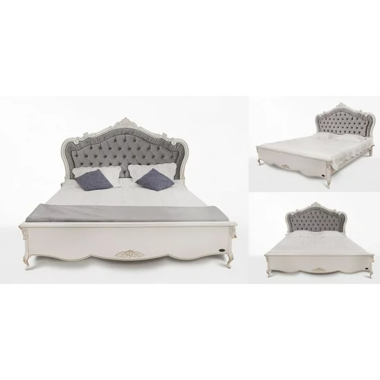 Dormitor Izabela complet, pat cu tăblie tapițată și dulap spațios, lemn masiv și MDF, dimensiune pat 180x200 cm, alb patinat picture - 2