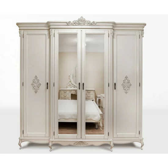 Dormitor Izabela complet, pat cu tăblie tapițată și dulap spațios, lemn masiv și MDF, dimensiune pat 180x200 cm, alb patinat picture - 4