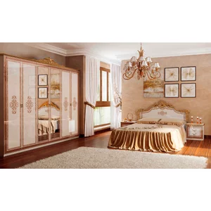 Dormitor Jennifer, Set Complet Cu Pat 160x200, Dulap 6 Uși, Comodă Și Noptiere, PAL, Bej