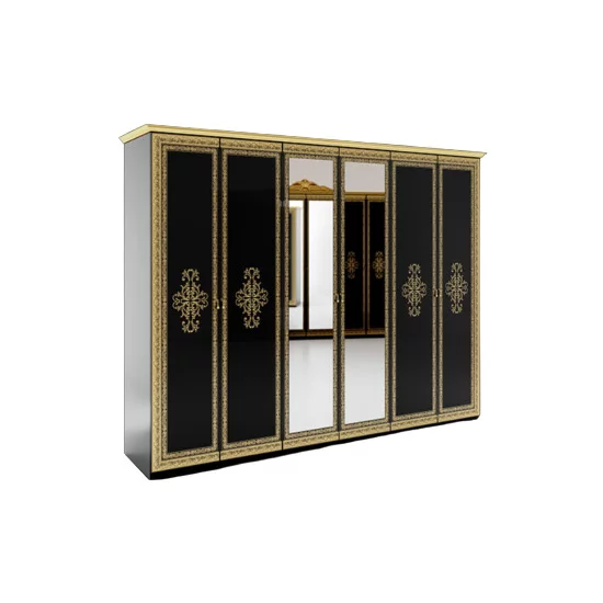 Dormitor Jennifer, Set Complet Cu Pat 160x200, Dulap 6 Uși, Comodă Și Noptiere, PAL, Negru picture - 2