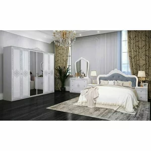 Dormitor complet Luiza, set elegant cu dulap 6 uși, pat 160x200 cm, somieră rabatabilă, comoda, oglindă și noptiere, finisaj alb