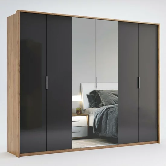 Dormitor Luna, cu pat 160x200 cm, dulap 6 uși, 2 noptiere, comodă 3 sertare, stejar-lava picture - 10