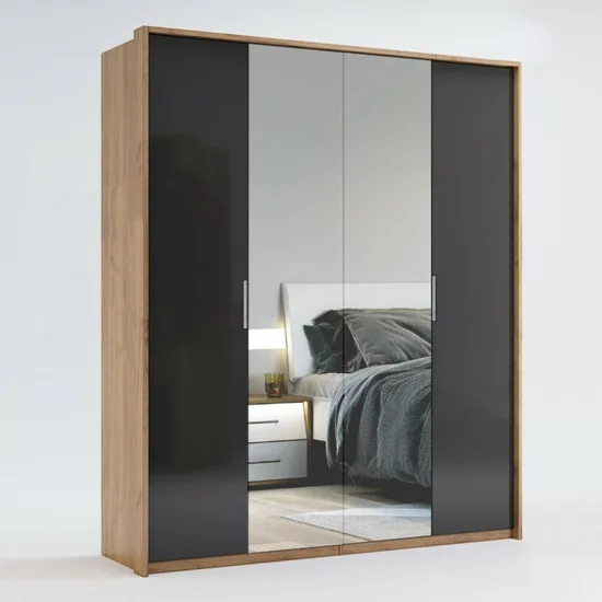 Dormitor Luna, cu pat 160x200 cm, dulap 6 uși, 2 noptiere, comodă 3 sertare, stejar-lava picture - 11