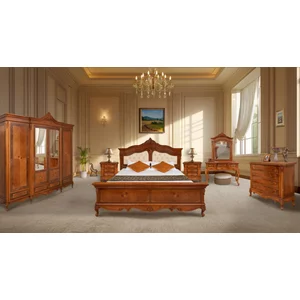 Dormitor Milly complet din lemn masiv paltin, tei, panel și MDF, cu intarsii din furnir de nuc, mahon și cireș