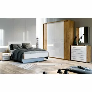 Dormitor Nicky, Set Complet Cu Pat 160x200, Dulap 6 Uși, Comodă Și Noptiere, PAL, Stejar-Alb