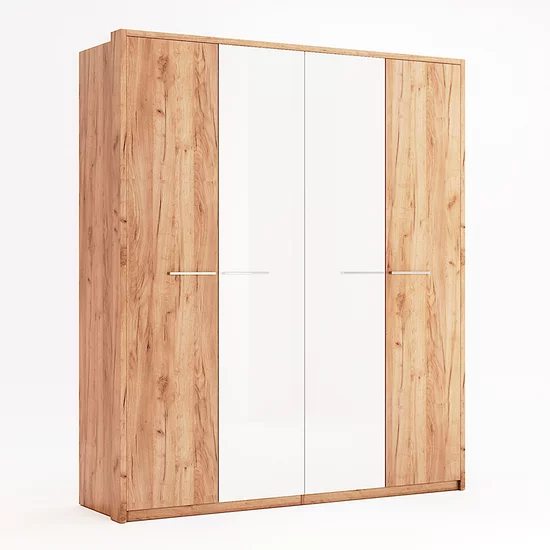 Dormitor Nicky, Set Complet Cu Pat 160x200, Dulap 6 Uși, Comodă Și Noptiere, PAL, Stejar-Alb picture - 10