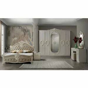 Dormitor Nora, set complet 6 piese, dulap 6 uși, pat 160x200 cm, masă toaletă și noptiere incluse, culoare bej