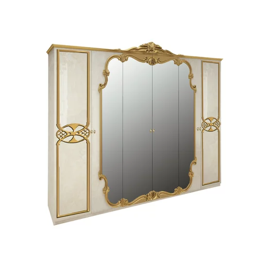 Dormitor Victoria, Stil Baroc, Set Complet Cu Pat 160x200, Dulap 4 Uși Cu Oglindă, Noptiere Și Comodă, PAL, Bej picture - 6