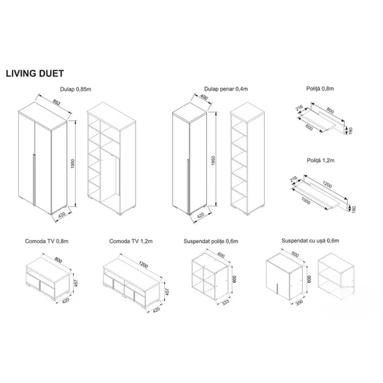 Living Duet, sistem modular compact, PAL melaminat, multiple spații de depozitare, Alb Samoa-Gri picture - 3