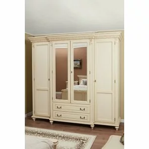 Dulap Floris cu 4 uși din lemn masiv fag și tei, 234x67x218 cm crem platinat, cu sculptură manuală