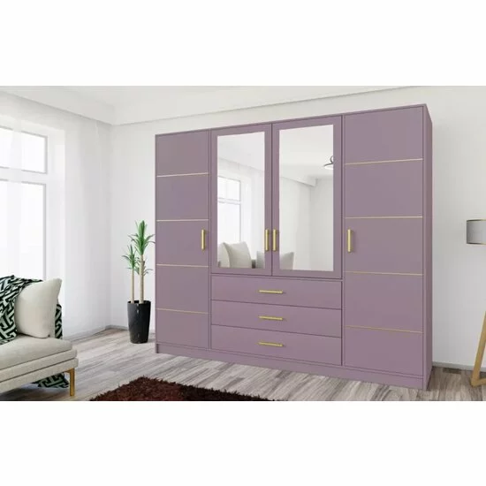 Dulap Bali 2D4 cu oglindă, bară haine, 4 sertare, PAL laminat, 196x58x200 cm, roz picture - 3