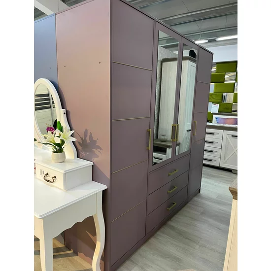 Dulap Bali 2D4 cu oglindă, bară haine, 4 sertare, PAL laminat, 196x58x200 cm, roz picture - 6