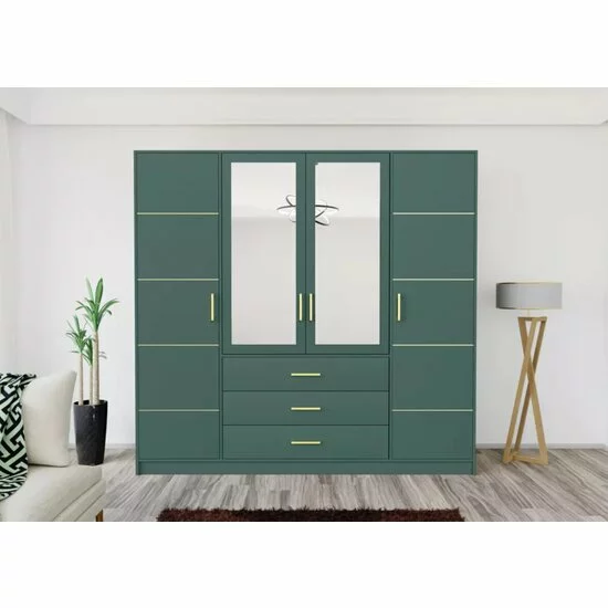 Dulap Bali 2D4 cu oglindă, bară haine, 4 sertare, PAL laminat, 196x58x200 cm, verde picture - 3