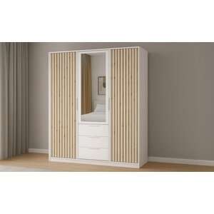 Dulap Bali D3 LUX, uși glisante cu oglindă, 3 sertare spațioase, PAL melaminat, 147x58x200 cm, Alb