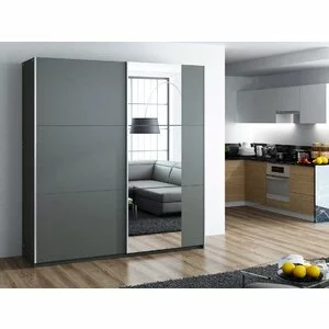 Dulap Bastia, uși glisante + oglindă integrată, PAL melaminat, 200x65x215 cm, grafit