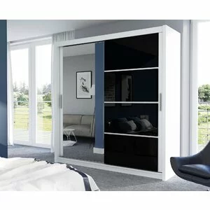 Dulap Brandon cu usi glisante si oglinda din PAL, 1,50x0,61x2,15 m, alb si negru