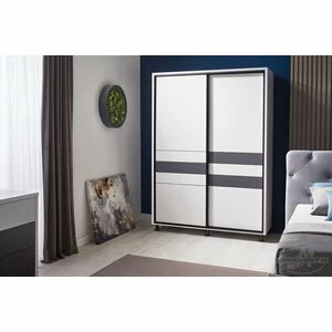 Dulap Cristal cu uși culisante, bară pentru umerașe și sertare, PAL melaminat, 160 cm, alb-grafit