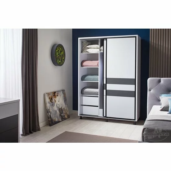 Dulap Cristal cu uși culisante, bară pentru umerașe și sertare, PAL melaminat, 160 cm, alb-grafit picture - 4