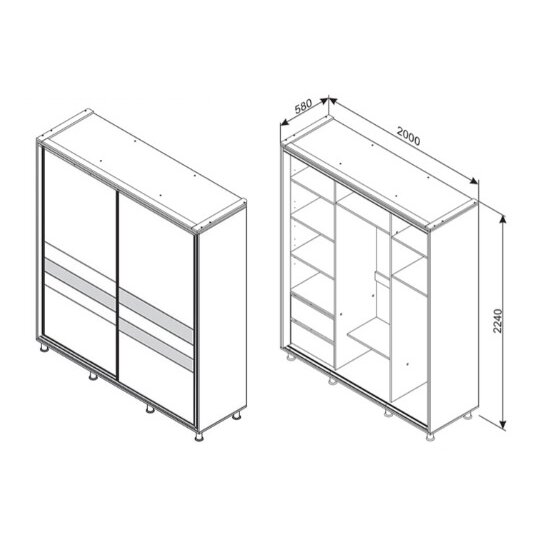 Dulap Cristal cu uși culisante, bară pentru umerașe și sertare, PAL melaminat, 200 cm, fungo-catania picture - 2