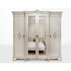 Dulap Izabela, 4 uși, oglinzi integrate, structură lemn masiv sculptat manual + PAL, spațiu depozitare generos, 235.2x68.4x237.5 cm, alb patinat