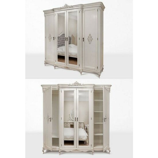 Dulap Izabela, 4 uși, oglinzi integrate, structură lemn masiv sculptat manual + PAL, spațiu depozitare generos, 235.2x68.4x237.5 cm, alb patinat picture - 2