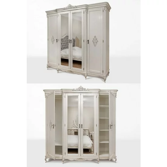 Dulap Izabela, 4 uși, oglinzi integrate, structură lemn masiv sculptat manual + PAL, spațiu depozitare generos, 235.2x68.4x237.5 cm, alb patinat picture - 2