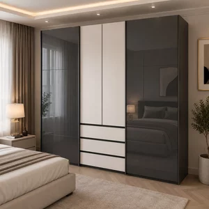 Dulap Fifty - 301X223X60, cu 2 usi culisante negre, 2 usi batante+sertare
