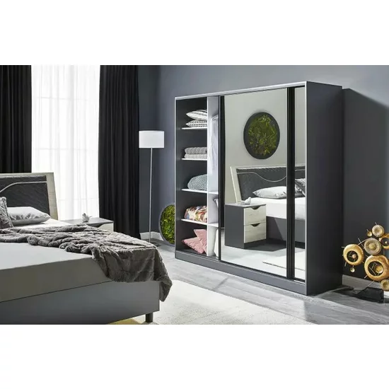 Dulap Happy, Cu 2 Uși Glisante, PAL Melaminat, 150x210 cm, Grafit picture - 2