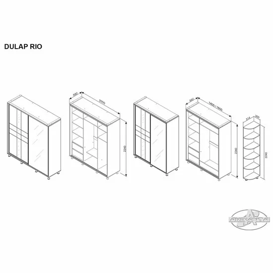 Dulap Rio Grande, grafit - 200/224 cm, cu uși glisante, fațadă cu oglinzi și rame decorative, PAL melaminat picture - 2