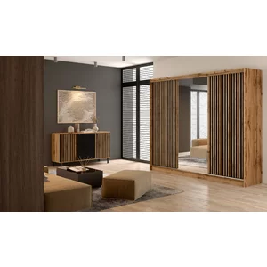 Dulap London cu oglindă, 3 uși glisante, PAL melaminat, 250x60x215 cm, negru