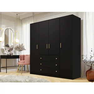 Dulap Retro D4 cu 3 sertare, șină și rafturi, bandă decorativă și carcasă laminată, 196x58x200 cm, negru