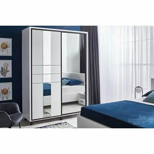 Dulap Rio cu uși glisante, oglindă mare și picioare metalice, PAL melaminat, 160 cm, alb