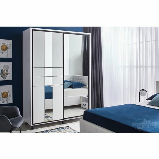 Dulap Rio Grande cu uși glisante, fațadă cu oglinzi și rame decorative, PAL melaminat, 200 cm, alb picture - 5