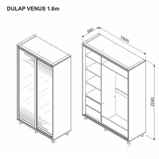 Dulap Venus, uși glisante cu oglindă securizată, rafturi reglabile și bară umerașe, PAL melaminat, 160x224x58 cm, Fungo picture - 2