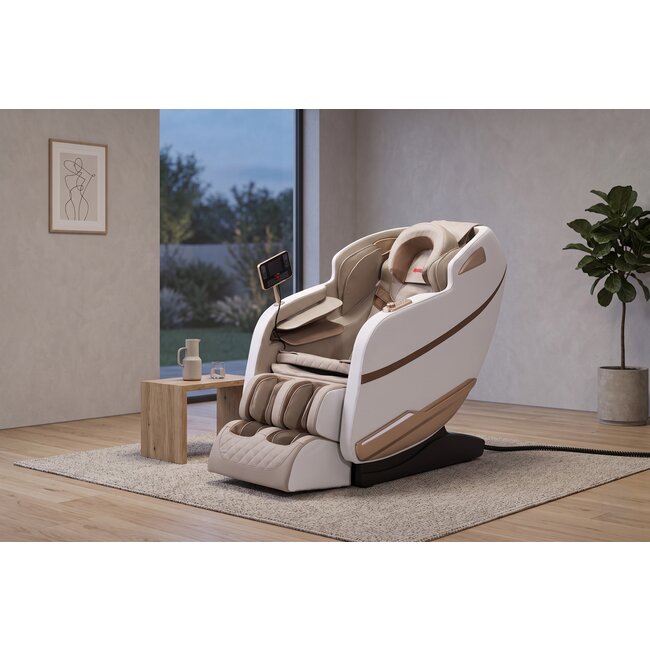 Fotoliu masaj gravitație zero alb, funcție încălzire, bluetooth, role picioare, airbag complet