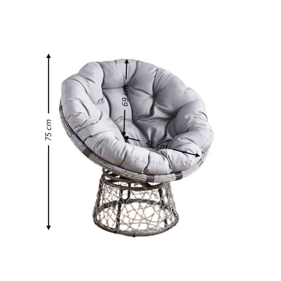 Fotoliu Puffy rotativ, cadru metalic galvanizat, împletitură rattan, pernă din poliester, 75x69x48 cm, gri picture - 2