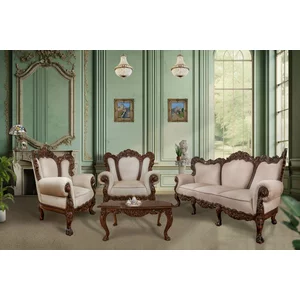 Set hol Sonia 3-1-1 din lemn masiv sculptat manual cu tapițerie din stofă decorativă