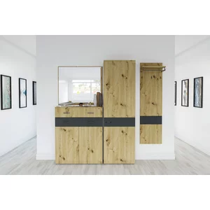 Hol Urban 2, set mobilier hol, dulap spațios cu bară și polite, pantofar, placă cuier și oglindă, PAL melaminat + MDF, 150x196 cm, personalizabil