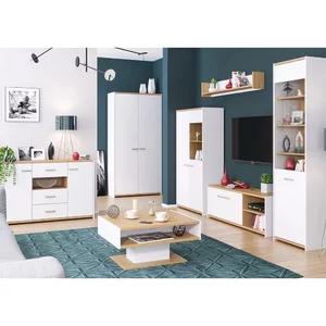 Set living Adam, mobilier modular, PAL melaminat, dimensiuni variabile, alb și stejar votan