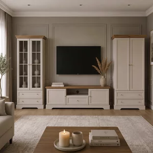 Living Kora 3 piese, 335 x 48 x 193 cm cashmere MDF si PAL melaminat de inalta calitate, dulap, vitrina si comoda 157 cm