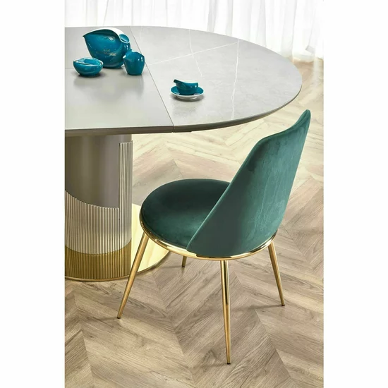 Masă Muscat rotundă extensibilă, blat ceramică marmură gri, structură MDF lacuit și metal, 120-160x120x76 cm, gri/auriu picture - 3