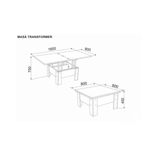 Masă Transformer Bardolino, 80-160 x 80-45 x 80x75 cm extensibilă cu sistem de înălțare, PAL melaminat picture - 6