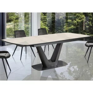 Masă Withney extensibilă, blat sticlă securizată cu strat ceramic, structură metalică, 140-180x85 cm, efect marmură