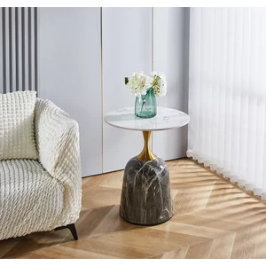 Măsuță de cafea Kojak, design rotund, blat MDF cu efect marmură și picioare metalice, 50x50x58.5 cm, gri