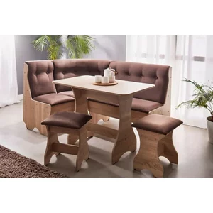 Mobilier colț Cleo 2, cu spațiu de depozitare, PAL tapițat cu stofă, 2 tabureți și masă inclusă, culori disponibile alb, bardolino, gri