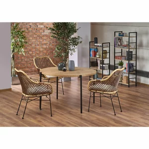 Masă Morgan rotundă, design modern, MDF laminat și oțel mat, 120x76 cm, stejar auriu/negru