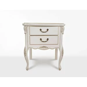 Noptieră Izabela, 2 sertare, structură lemn masiv sculptat manual, mânere baroc aurii, 60x43.7x72.6 cm, alb patinat