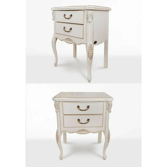 Noptieră Izabela, 2 sertare, structură lemn masiv sculptat manual, mânere baroc aurii, 60x43.7x72.6 cm, alb patinat picture - 2