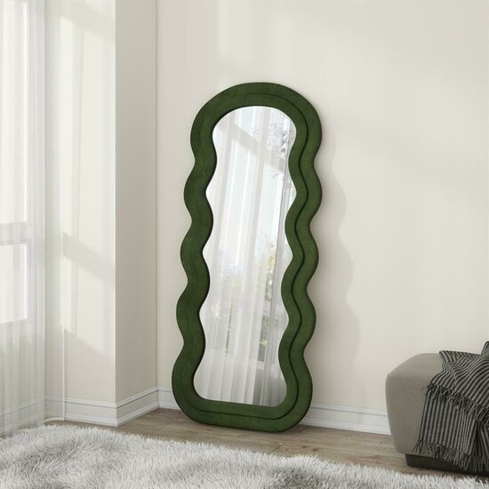 Oglindă de perete cu picioare Confetto, cadru catifea + MDF, montaj versatil, 160x70x3 cm, verde măsliniu / maro picture - 6